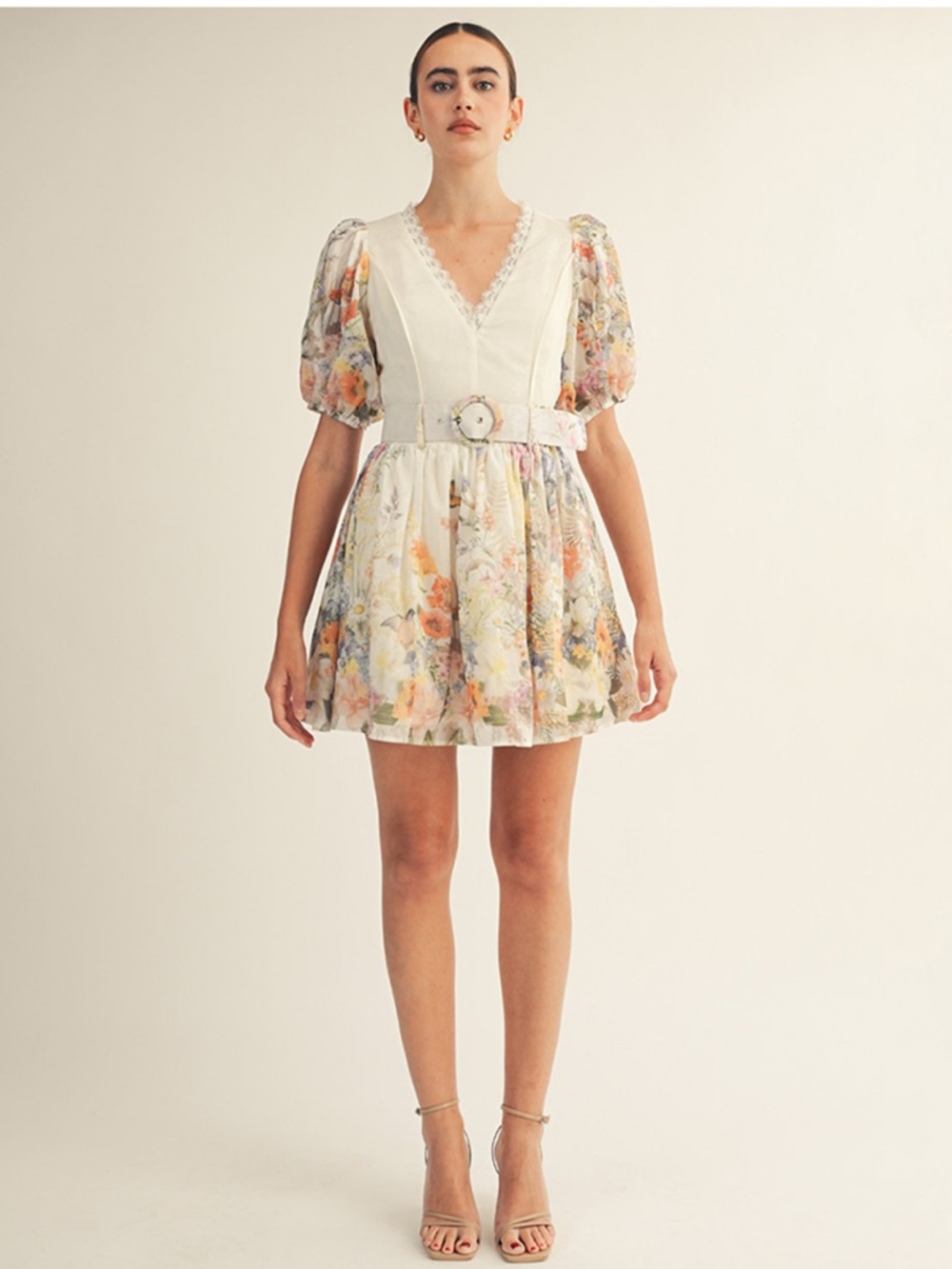 arose studio monroe floral garden print v-neck belted mini dress size small NEW